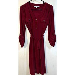 Emma & Michele Womens Burgundy Belted Zip Front Dress Long Sleeve Large